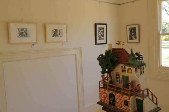 Hanging L-R; Belinda Prests's drawings 'Plough Tree', Jo Ralston's 'Hen House' linocut and Geoff Park's photograph 'Crested Bellbird'.