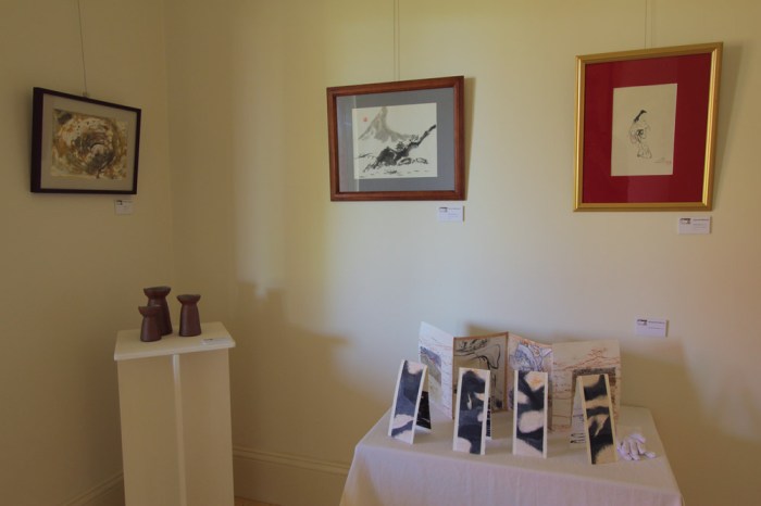 A quiet corner: sculptural work by Chris Johnston, with Richard Sullivan's art books and hanging works by (L-R) Maritsa Gronda & Gerard Menzel 
