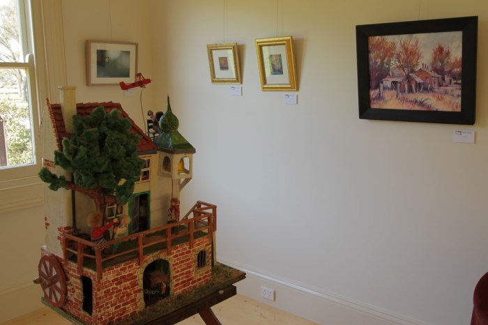 Marcus Goddefroy's puppet house, with works by (L-R) Sarah Koschak, Mary Caspar & Karen Pierce