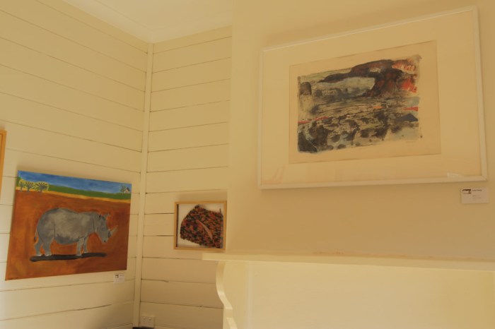 L-R, Tegwen Prest's 'Rhinoceros', Saide Gray's 'Textured Landscape I' and Julie Patey's 'Skyline'.