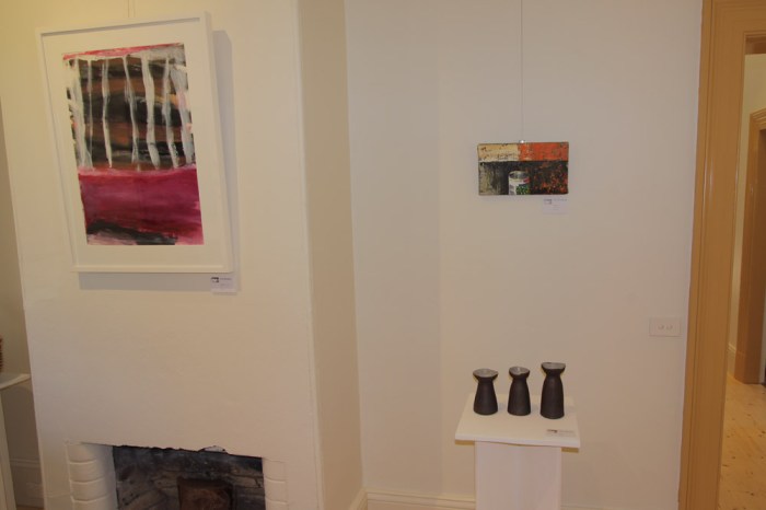 Prue McAdam's 'Tribute to T.T.', with the second group of Chris Johnston's ceramic works, and a small painting by Bob Clutterbuck.